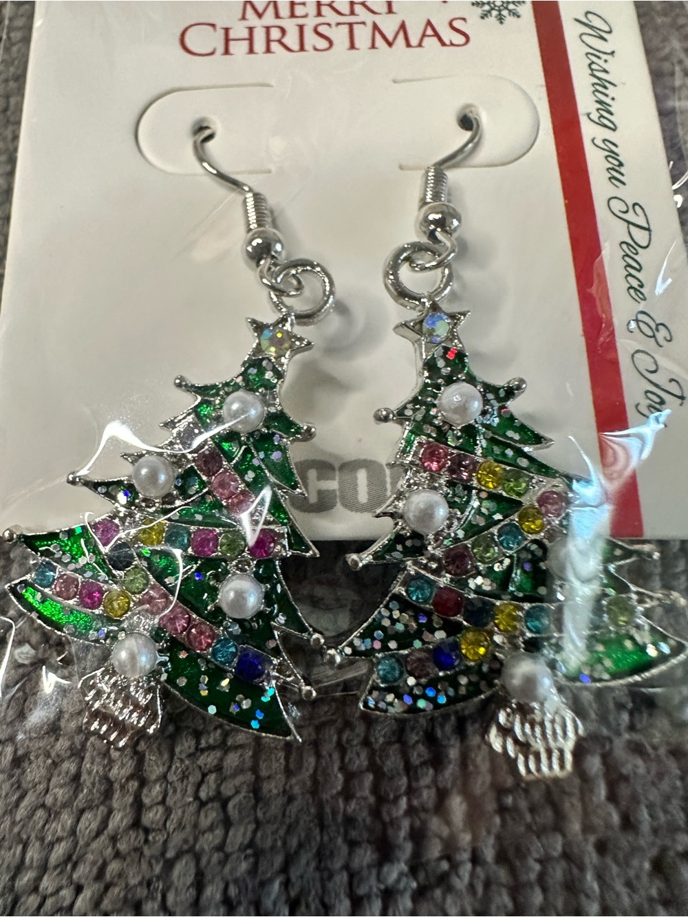 Green Christmas Tree Drop Earrings with Multicolor Rhinestones